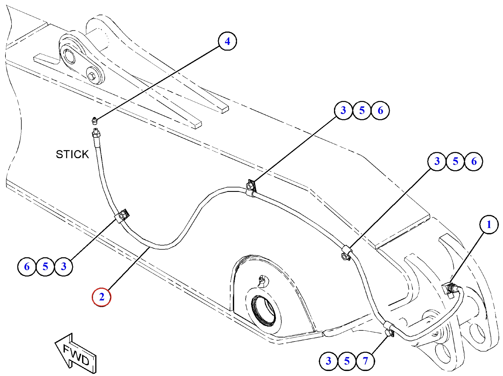 Caterpillar CAT®314E LCR installation diagram showing hydraulic hose 203-7400 at Pipe No. 2