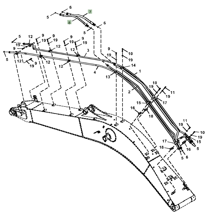 Hitachi ZX210-5G installation diagram showing hydraulic hose 4676587 at Pipe No. 7