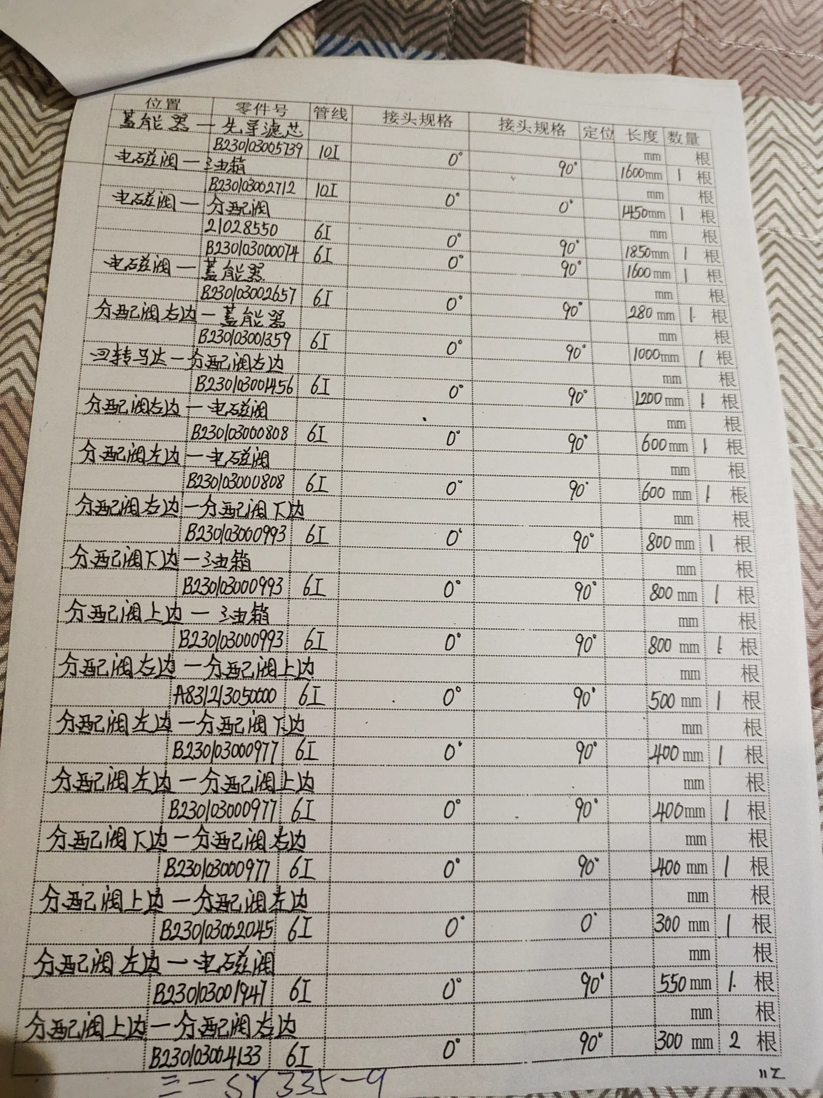 SANY SY335C9IK2K hydraulic hose part numbers and recorded lengths — technician notebook page 4 of 5 — recorded hose parts A8323050000, B23003000808, B2300300097761
