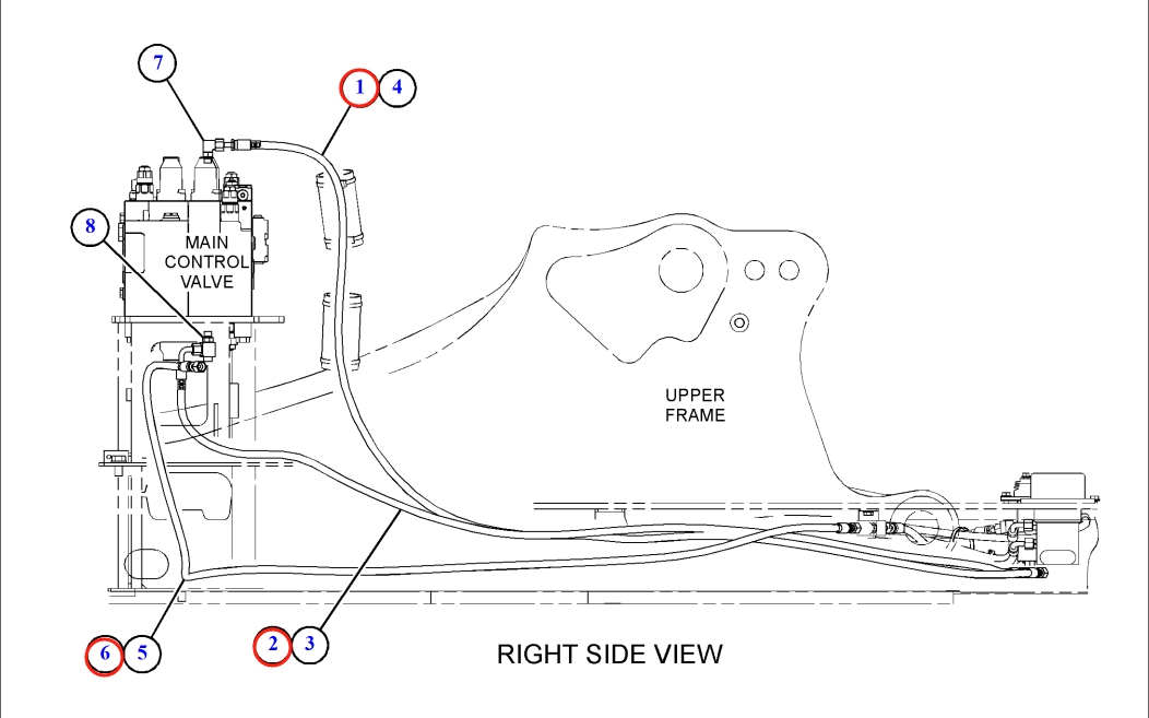 Caterpillar CAT®316F installation diagram showing hydraulic hose 108-7203 at Pipe No. 6