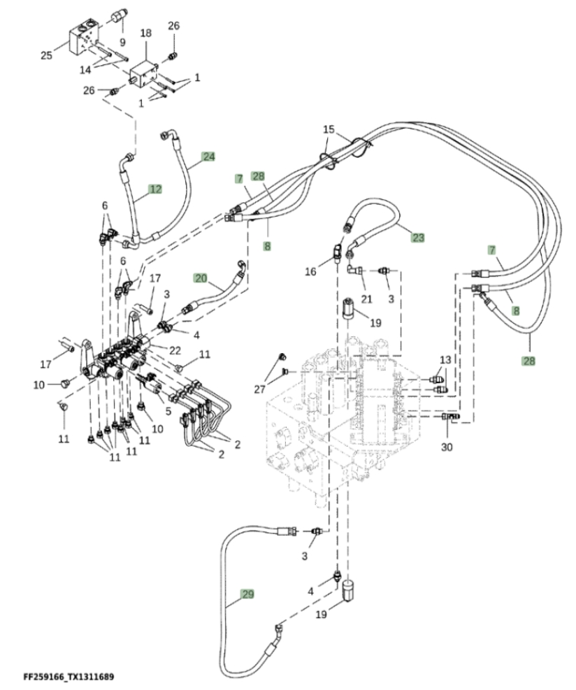 Hitachi ZX370F-FE-6N installation diagram showing hydraulic hose 4453063 at Pipe No. 23