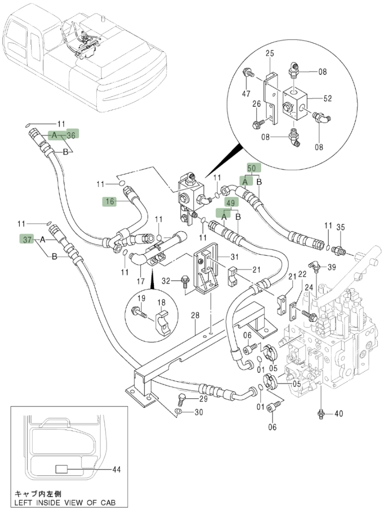 Hitachi ZX370 installation diagram showing hydraulic hose 9173059 at Pipe No. 36