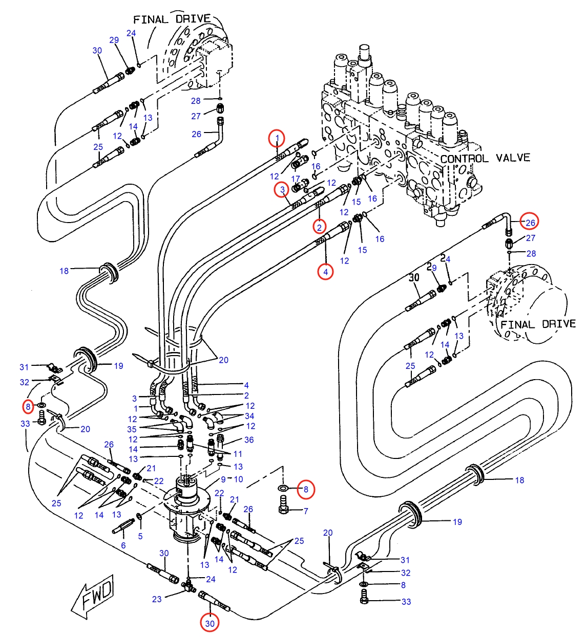 Caterpillar CAT®312-A installation diagram showing hydraulic hose 7I-0175 at Pipe No. 30