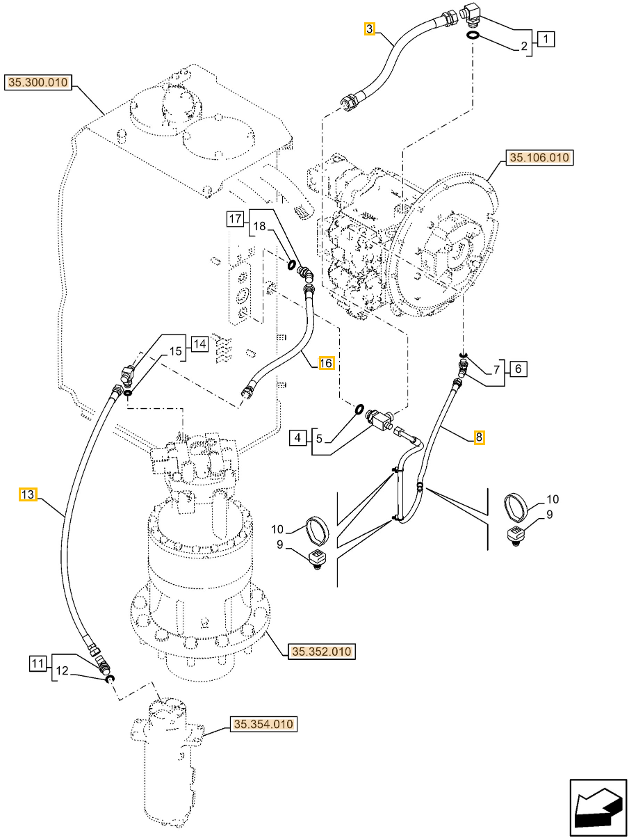 Case CX240E NHD installation diagram showing hydraulic hose KRJ11540 at Pipe No. 3