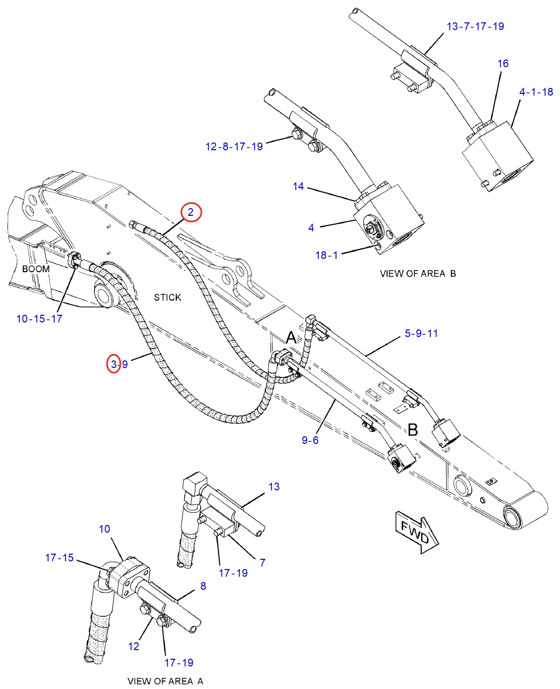 Caterpillar CAT®314E LCR installation diagram showing hydraulic hose 241-5149 at Pipe No. 2