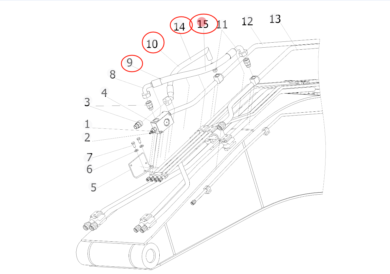 Sunward SWE150E installation diagram showing hydraulic hose 730504007980 at Pipe No. 15