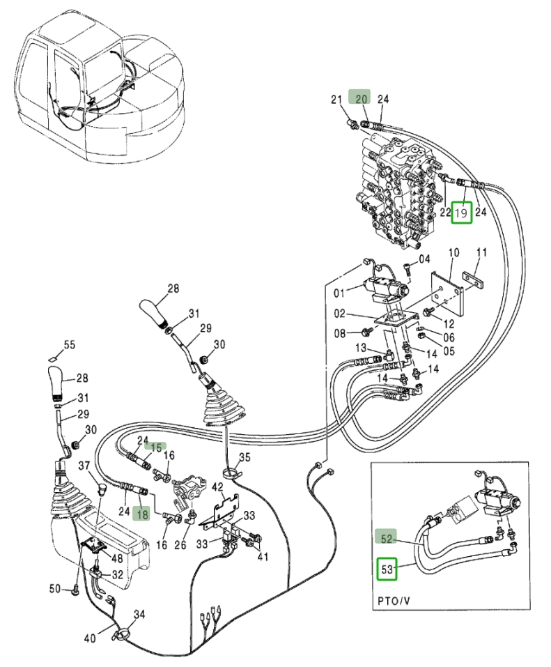 Hitachi ZX75US installation diagram showing hydraulic hose 4269809 at Pipe No. 19