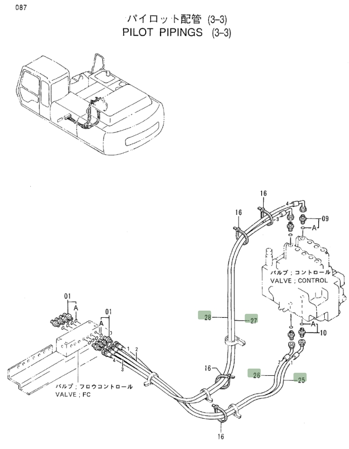 Hitachi EX300LC-3C installation diagram showing hydraulic hose 4283435 at Pipe No. 25