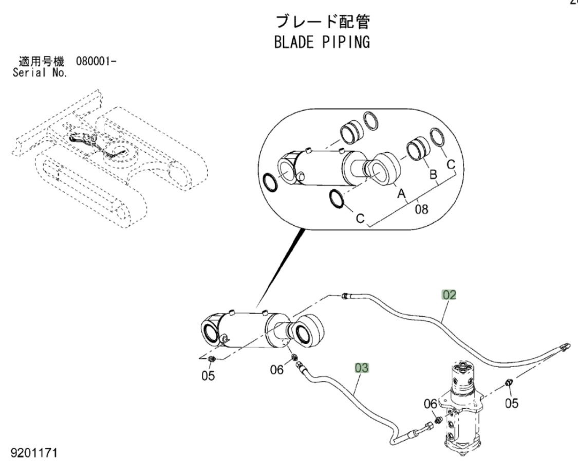 Hitachi ZX85USB-3 installation diagram showing hydraulic hose 4368038 at Pipe No. 2