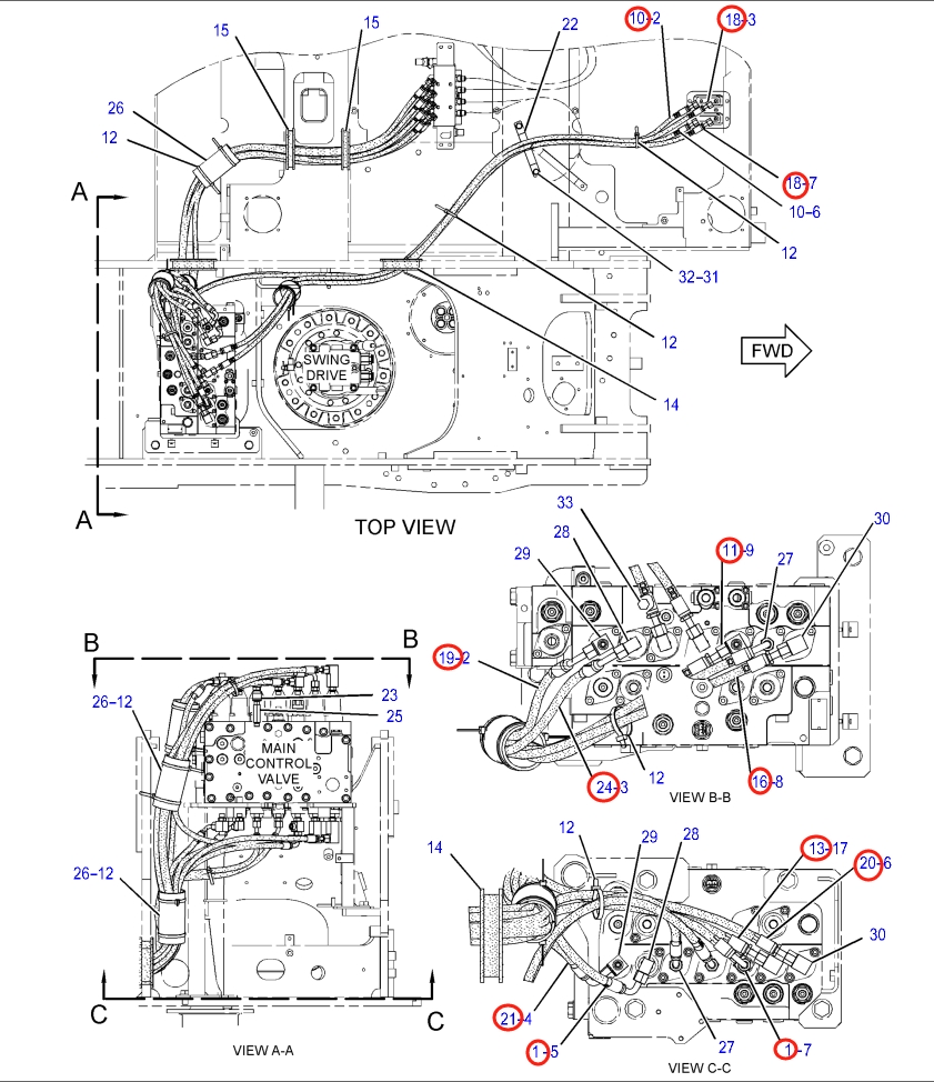 Caterpillar CAT®318E L installation diagram showing hydraulic hose 187-5669 at Pipe No. 18