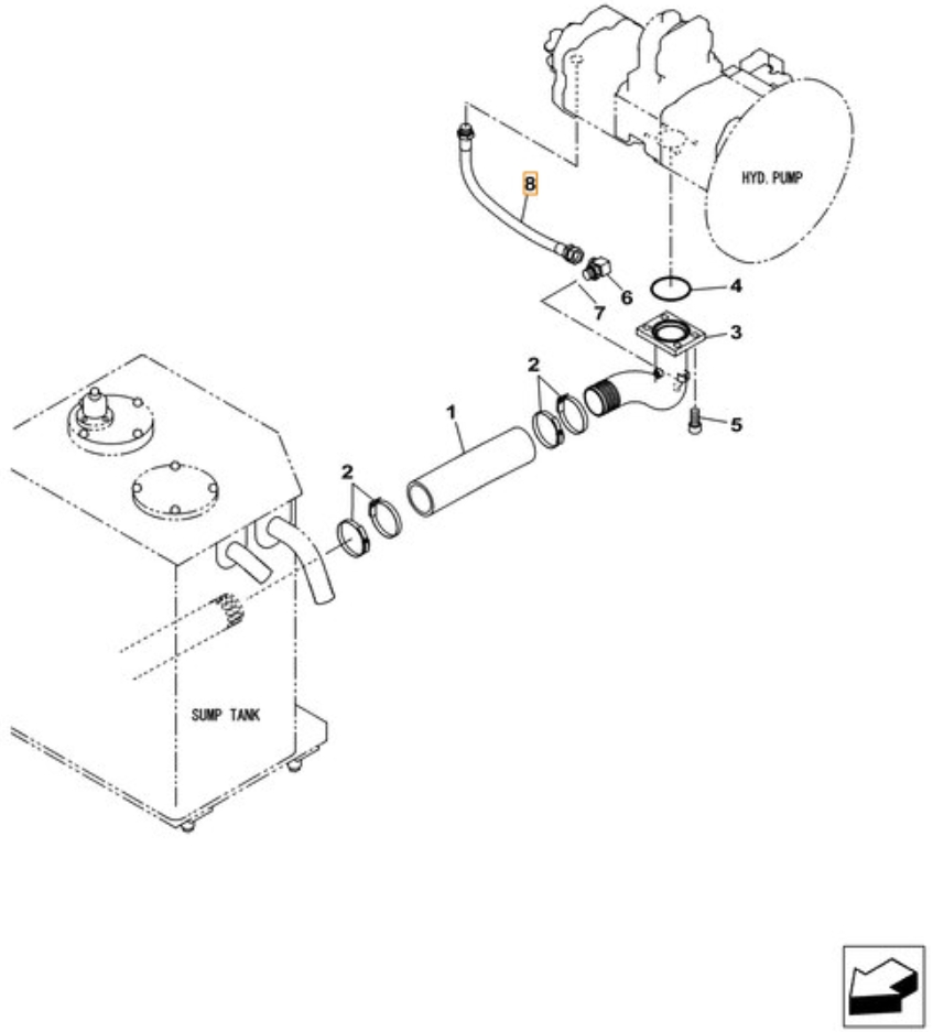 Case CX380C-8 LC installation diagram showing hydraulic hose KSJ2868 at Pipe No. 8