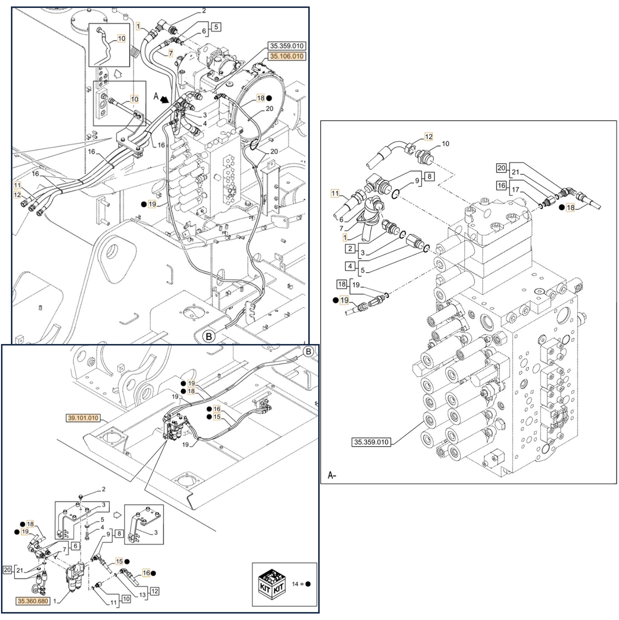 Case CX210D LC 2PB installation diagram showing hydraulic hose KHJ13660 at Pipe No. 19