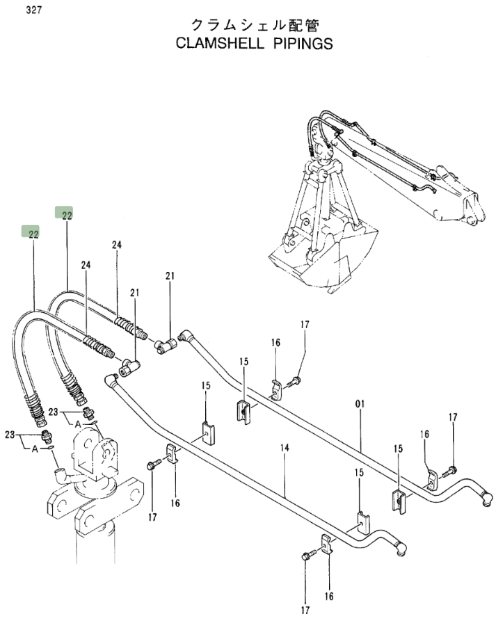 Hitachi EX100-3 installation diagram showing hydraulic hose 4288438 at Pipe No. 22