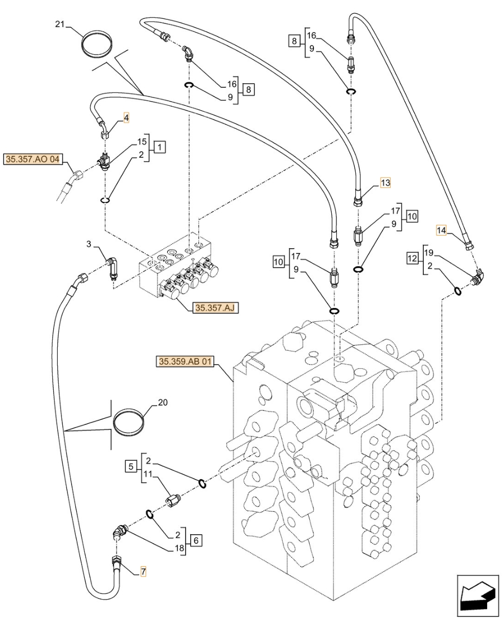 Case CX490D LC installation diagram showing hydraulic hose KHJ2084 at Pipe No. 4