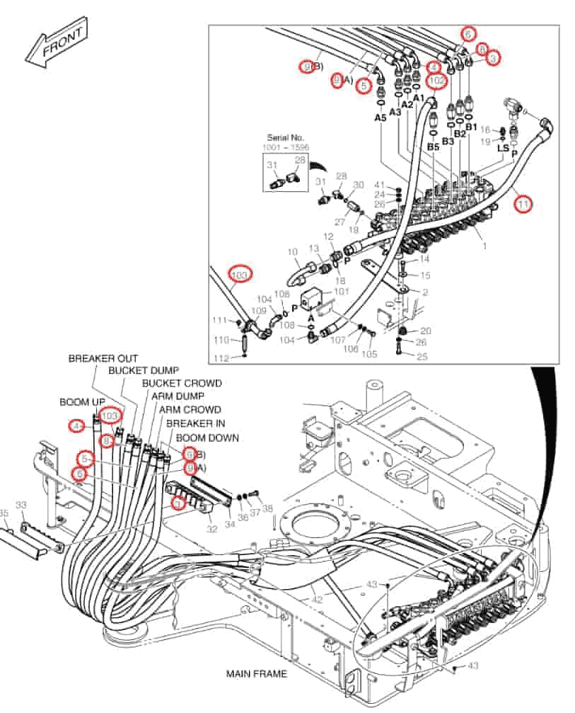 Doosan DX85R-3 installation diagram showing hydraulic hose DS20551288 at Pipe No. 102