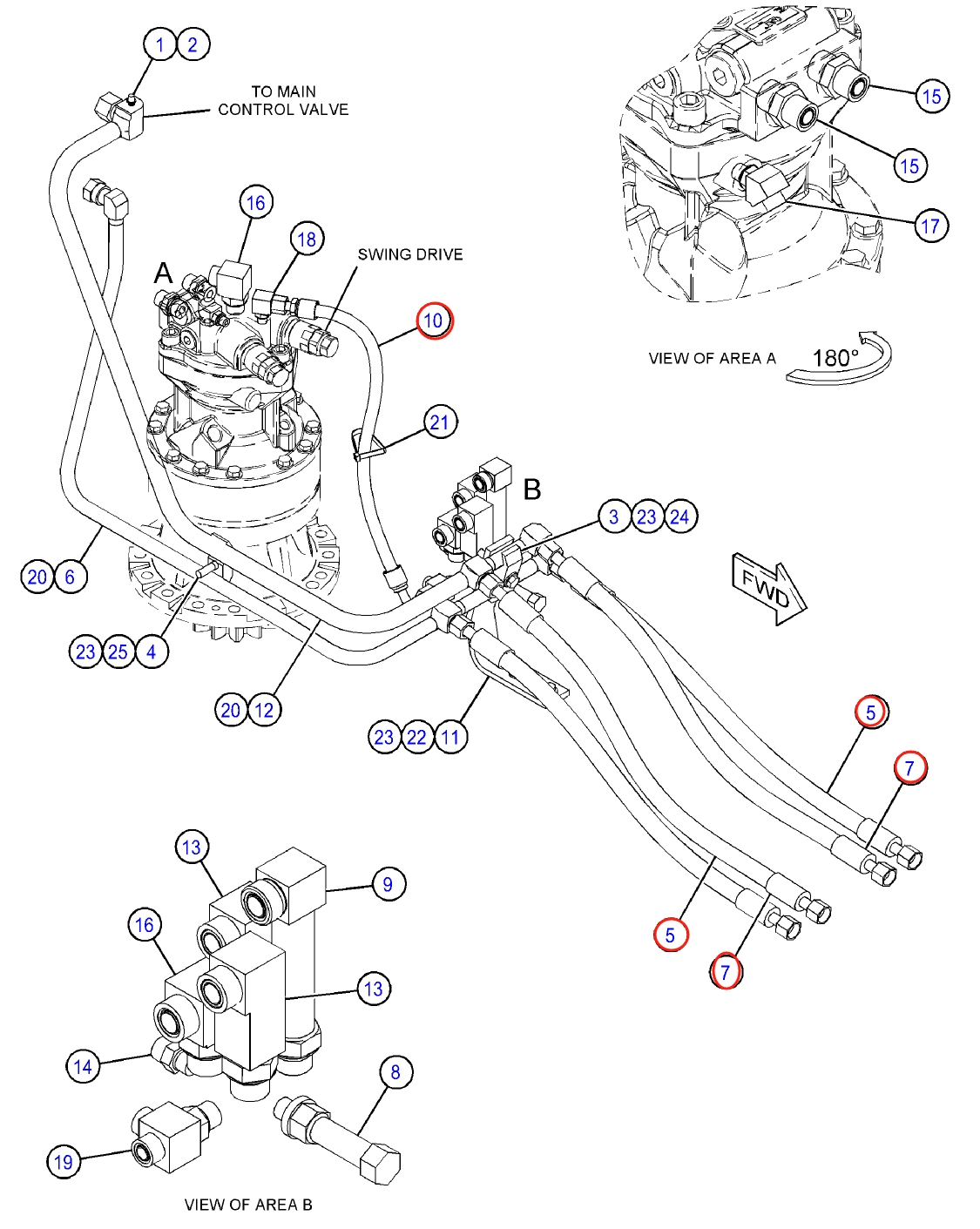 Caterpillar CAT®313D2 installation diagram showing hydraulic hose 187-7173 at Pipe No. 7