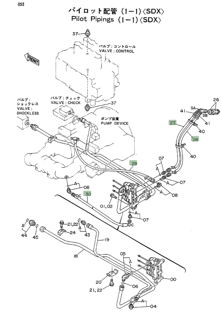 Hitachi EX200LC installation diagram showing hydraulic hose 4203081 at Pipe No. 30
