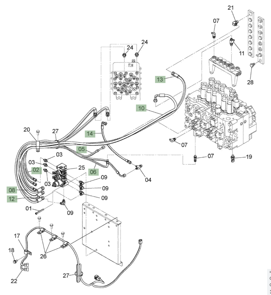 Hitachi ZX210W-3 installation diagram showing hydraulic hose 4618606 at Pipe No. 14