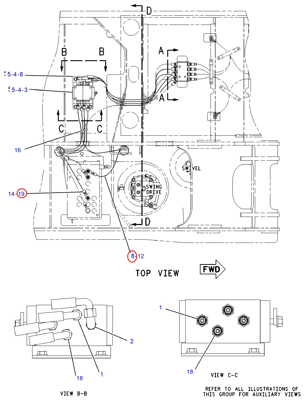 Caterpillar CAT®315C installation diagram showing hydraulic hose 4I-5933 at Pipe No. 19