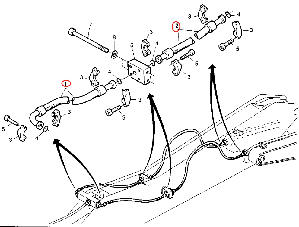 Caterpillar CAT®214B FT installation diagram showing hydraulic hose 8U-1882 at Pipe No. 2