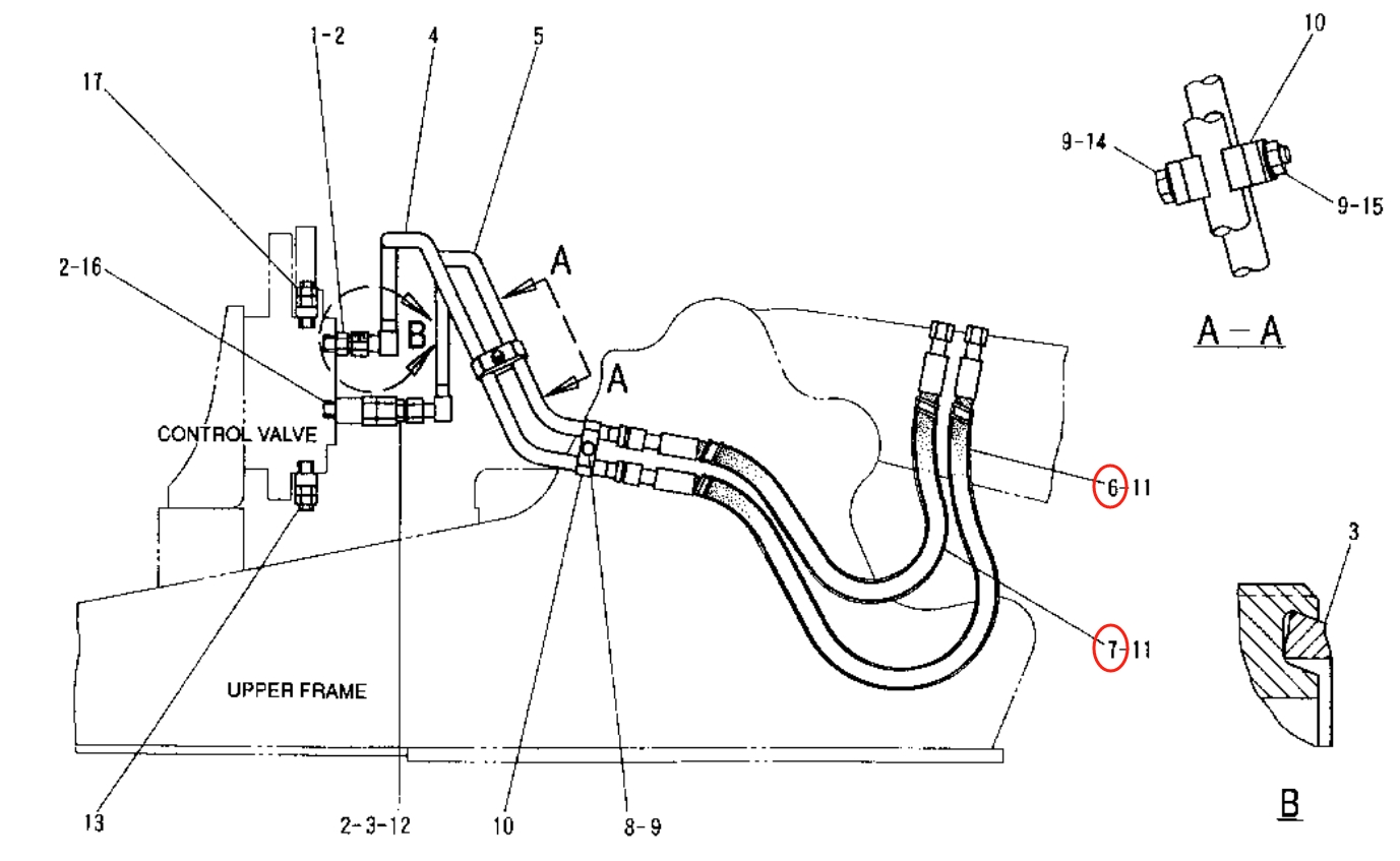 Caterpillar CAT®307-A installation diagram showing hydraulic hose 111-6518 at Pipe No. 6