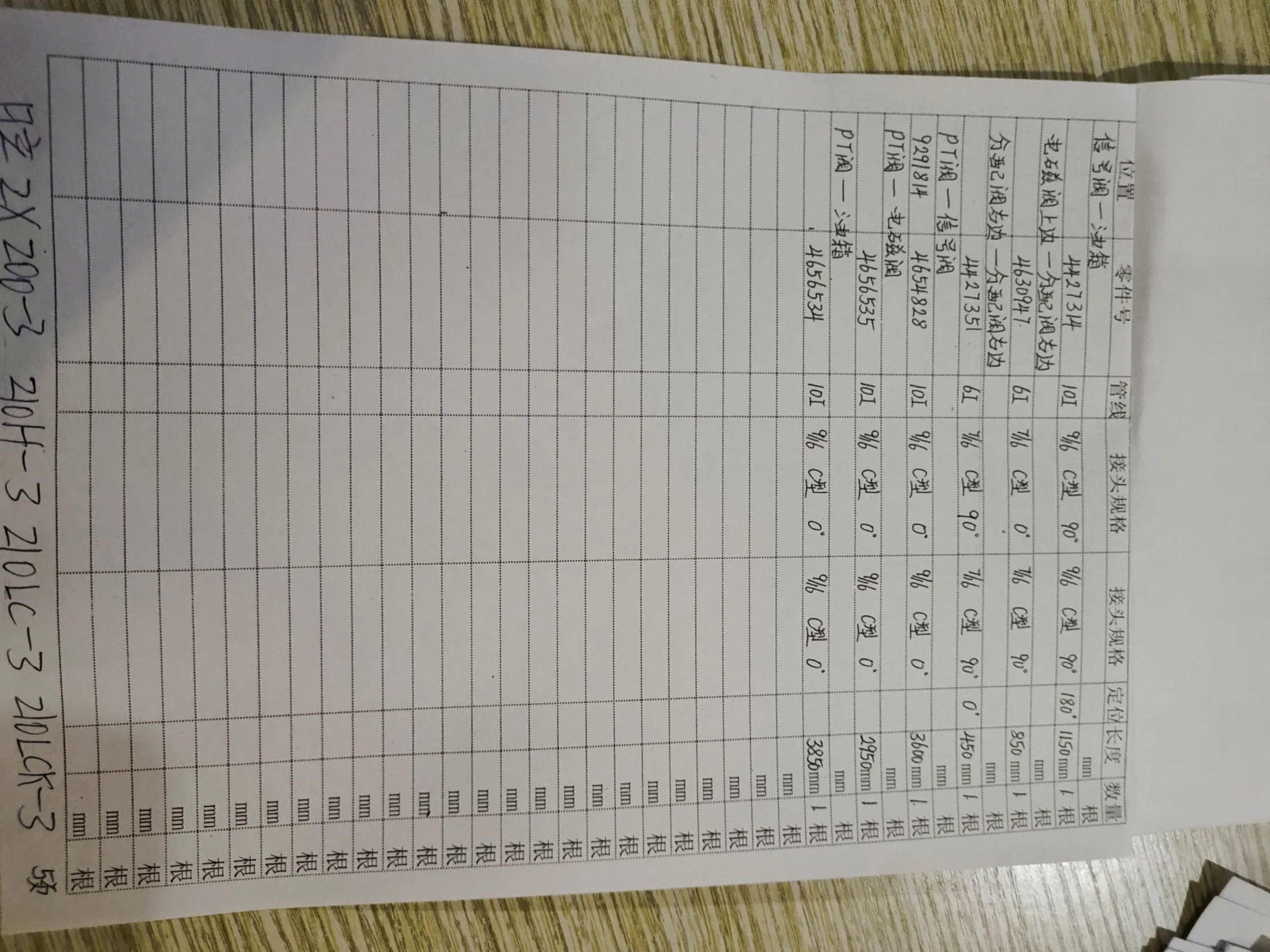 Hitachi ZX200-3 hydraulic hose part numbers and recorded lengths — technician notebook page 5 of 10