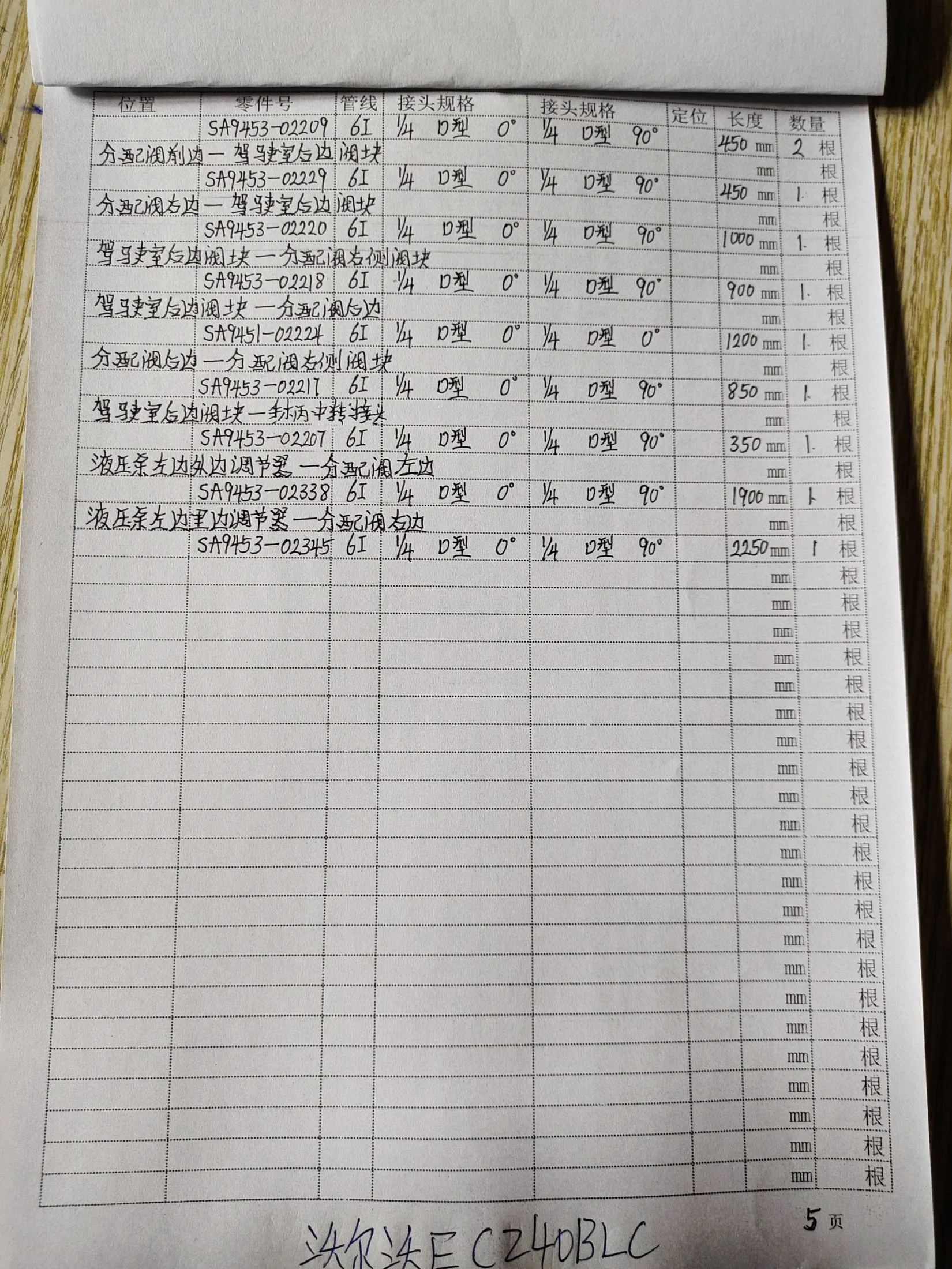 Volvo EC240BL hydraulic hose part numbers and recorded lengths — technician notebook page 5 of 5 — recorded hose parts SA9451-02227, SA9453-02204, SA9453-02218