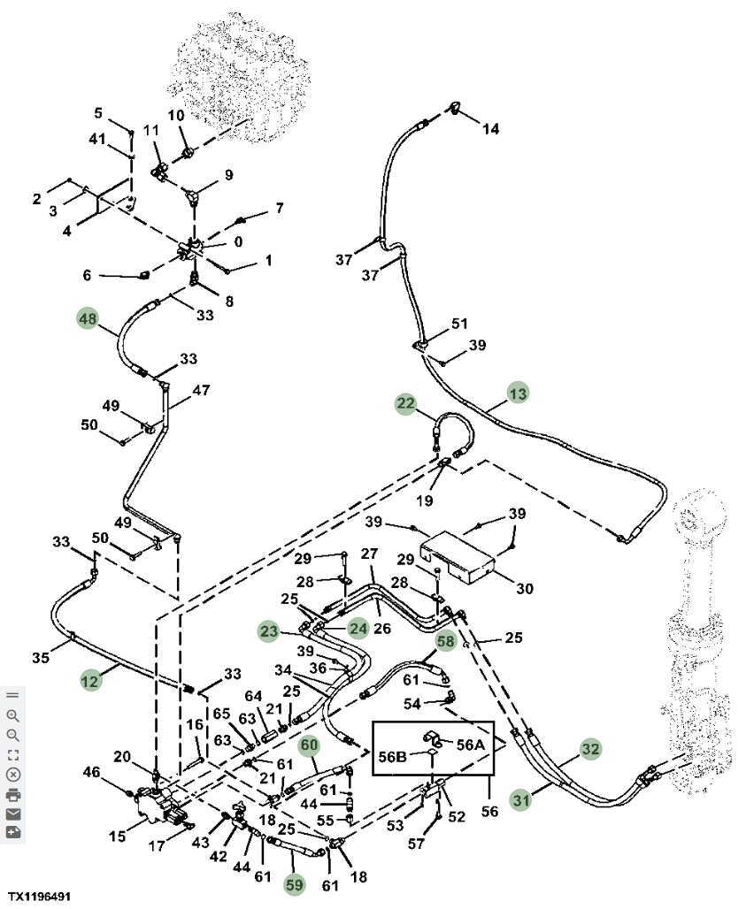 Hitachi ZX870LC-6 installation diagram showing hydraulic hose 4285797 at Pipe No. 48