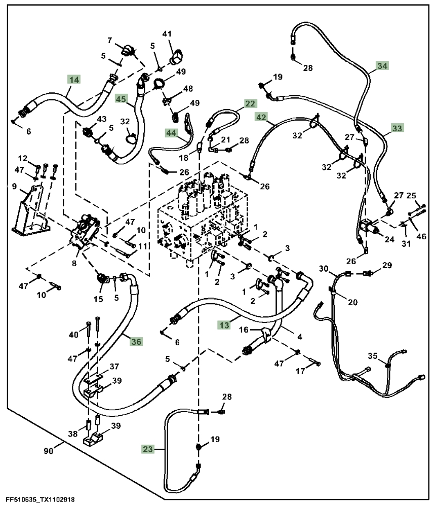 Hitachi ZX160LC-5G installation diagram showing hydraulic hose 4453063 at Pipe No. 22