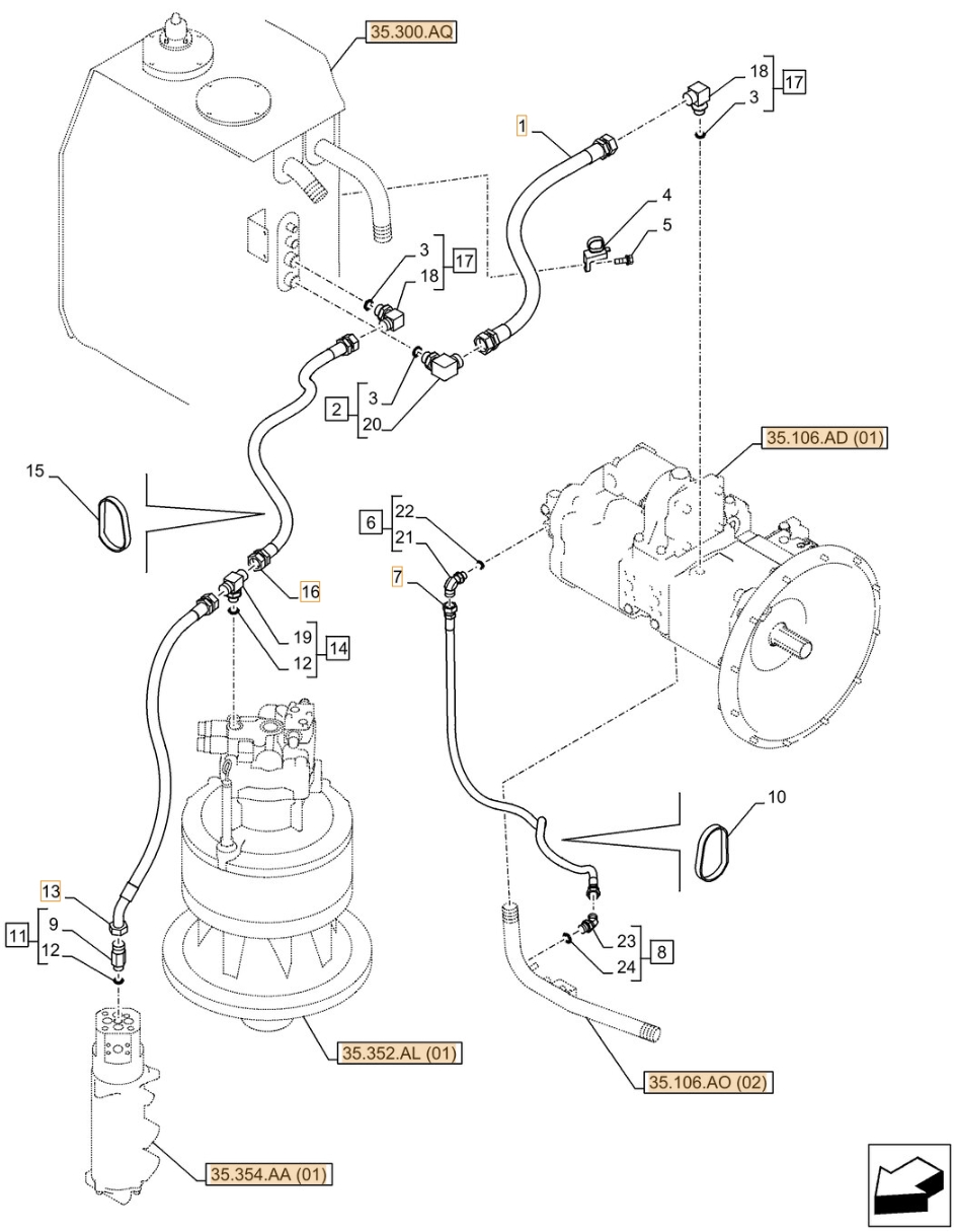 Case CX350D NLC installation diagram showing hydraulic hose KSJ2790 at Pipe No. 13