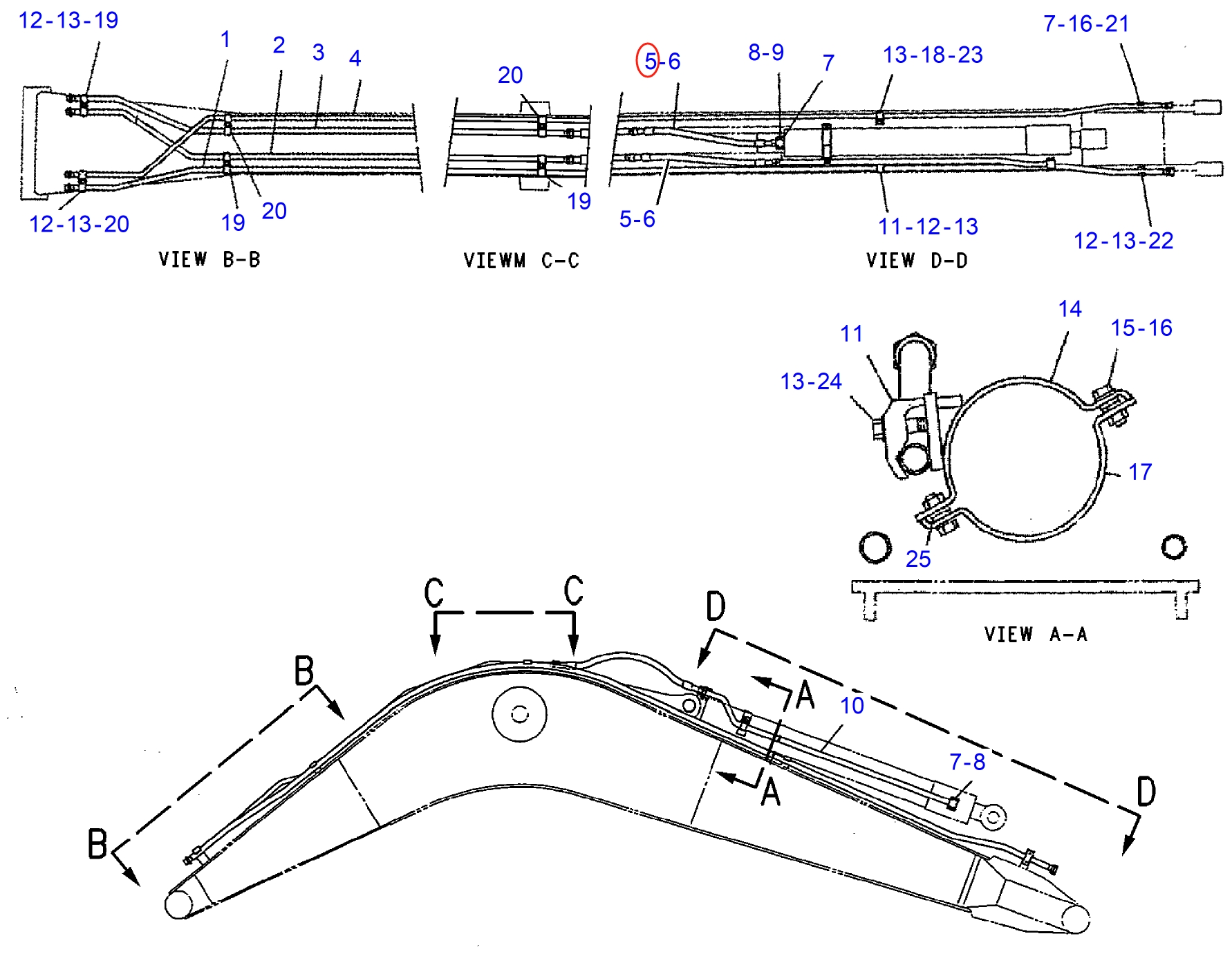 Caterpillar CAT®312-A installation diagram showing hydraulic hose 7I-0085 at Pipe No. 5