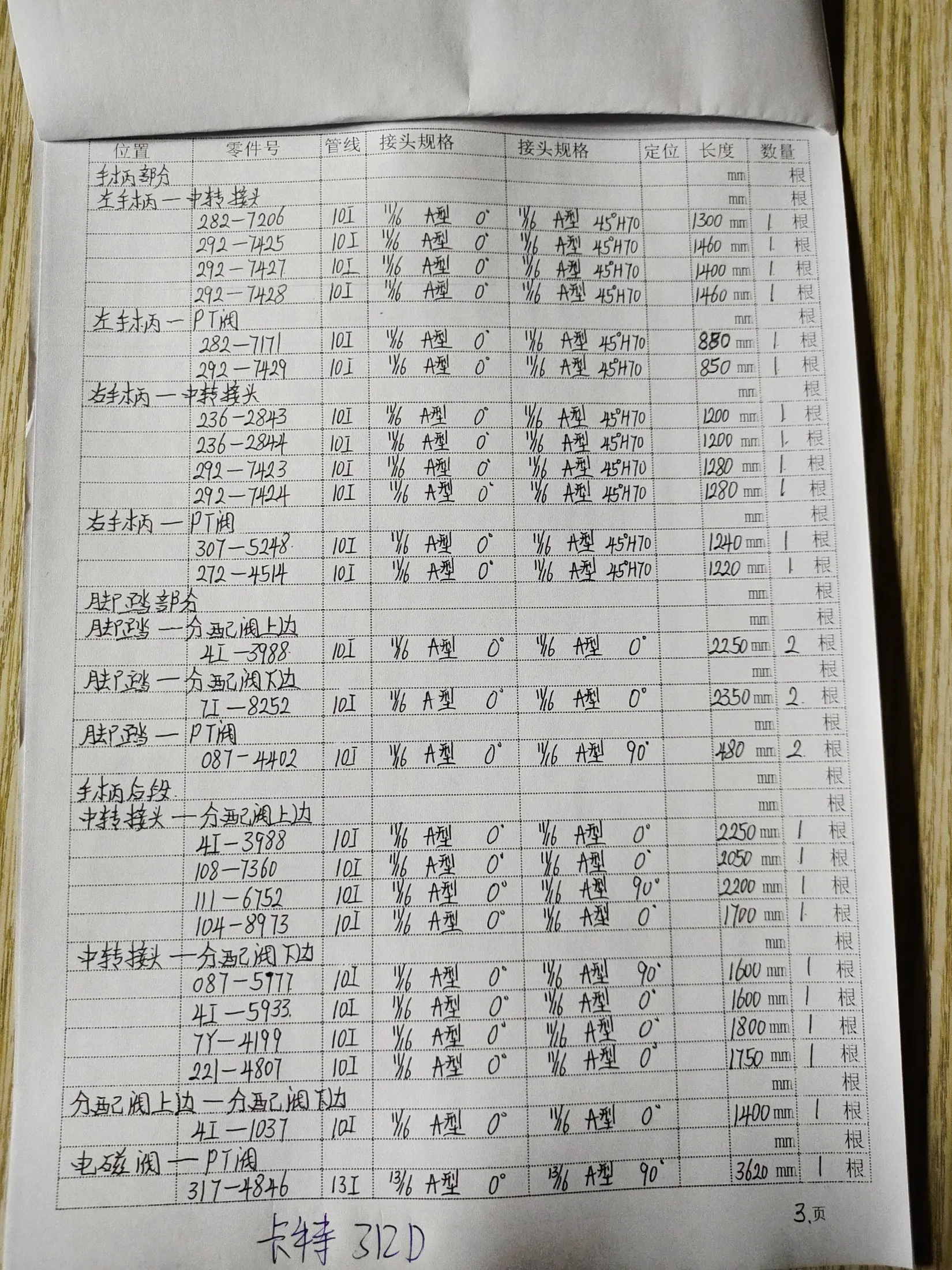 Caterpillar 312D hydraulic hose part numbers and recorded lengths — technician notebook page 3 of 5 — recorded hose parts 4I-1031, 4I-5933, TI-8252