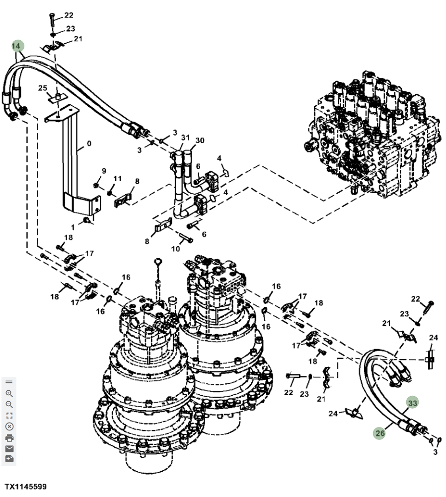 Hitachi ZX870LC-6 installation diagram showing hydraulic hose 4700790 at Pipe No. 33