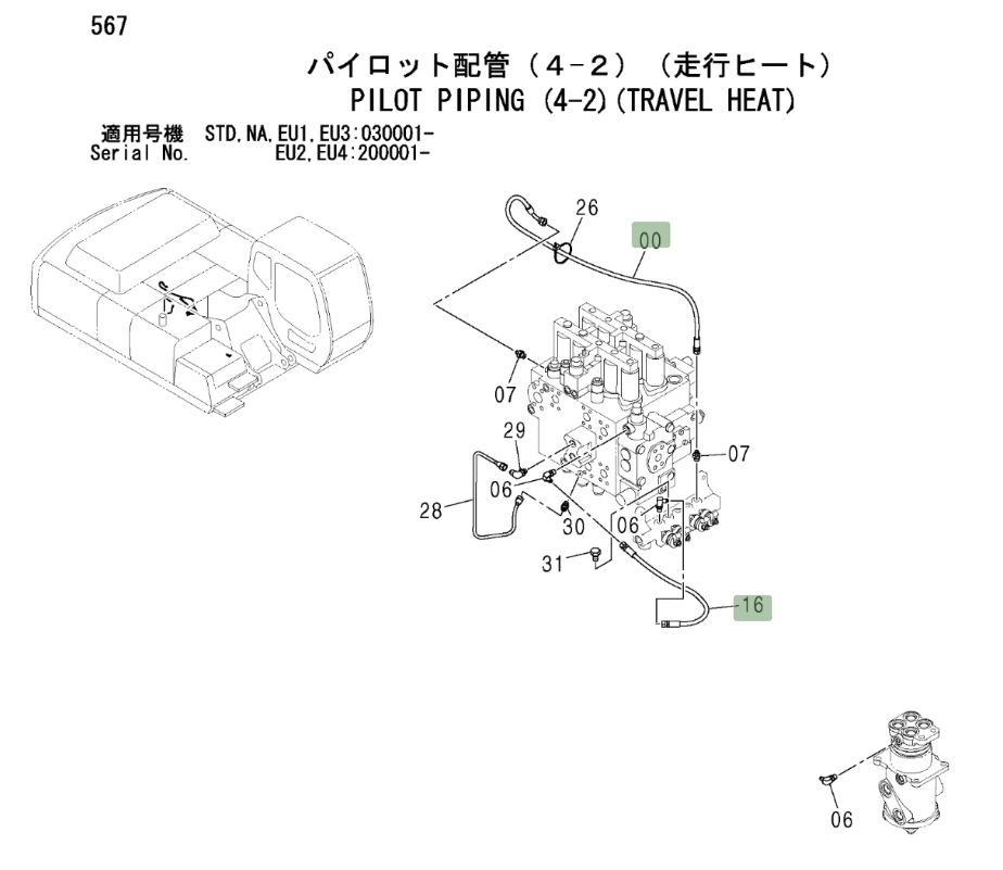 Hitachi ZX330LC installation diagram showing hydraulic hose 4442331 at Pipe No. 16