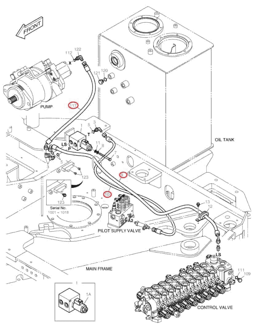 Doosan DX85R-3 installation diagram showing hydraulic hose DS2054529 at Pipe No. 117