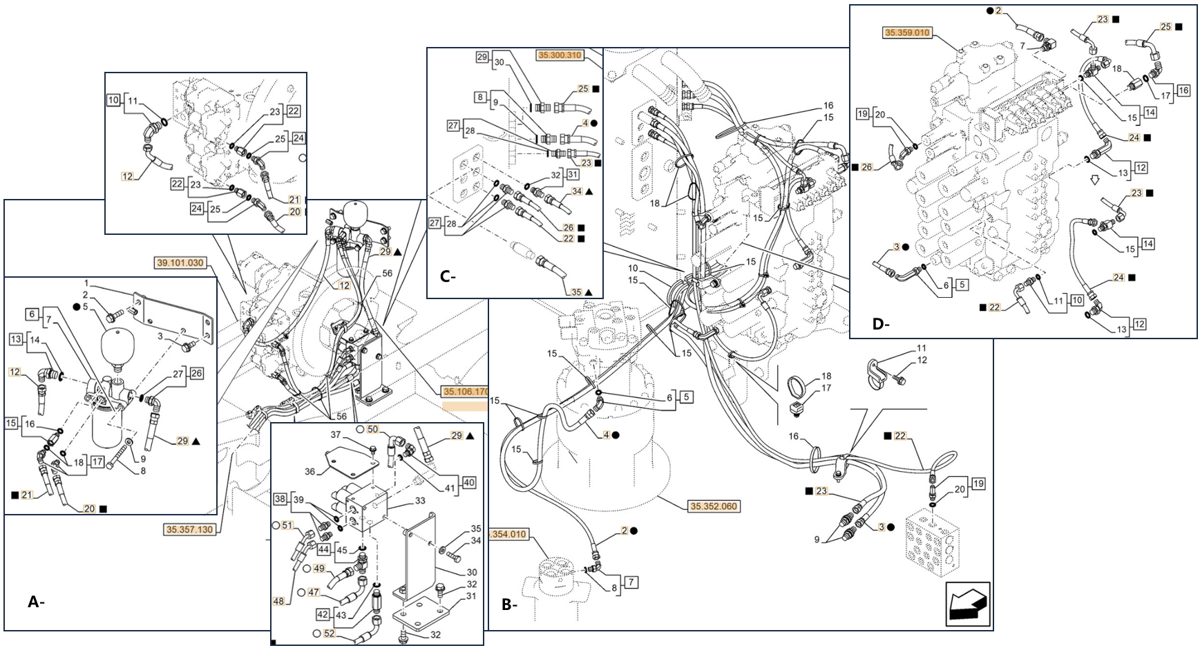 Case CX210E NLC installation diagram showing hydraulic hose KHJ2369 at Pipe No. A52-D4