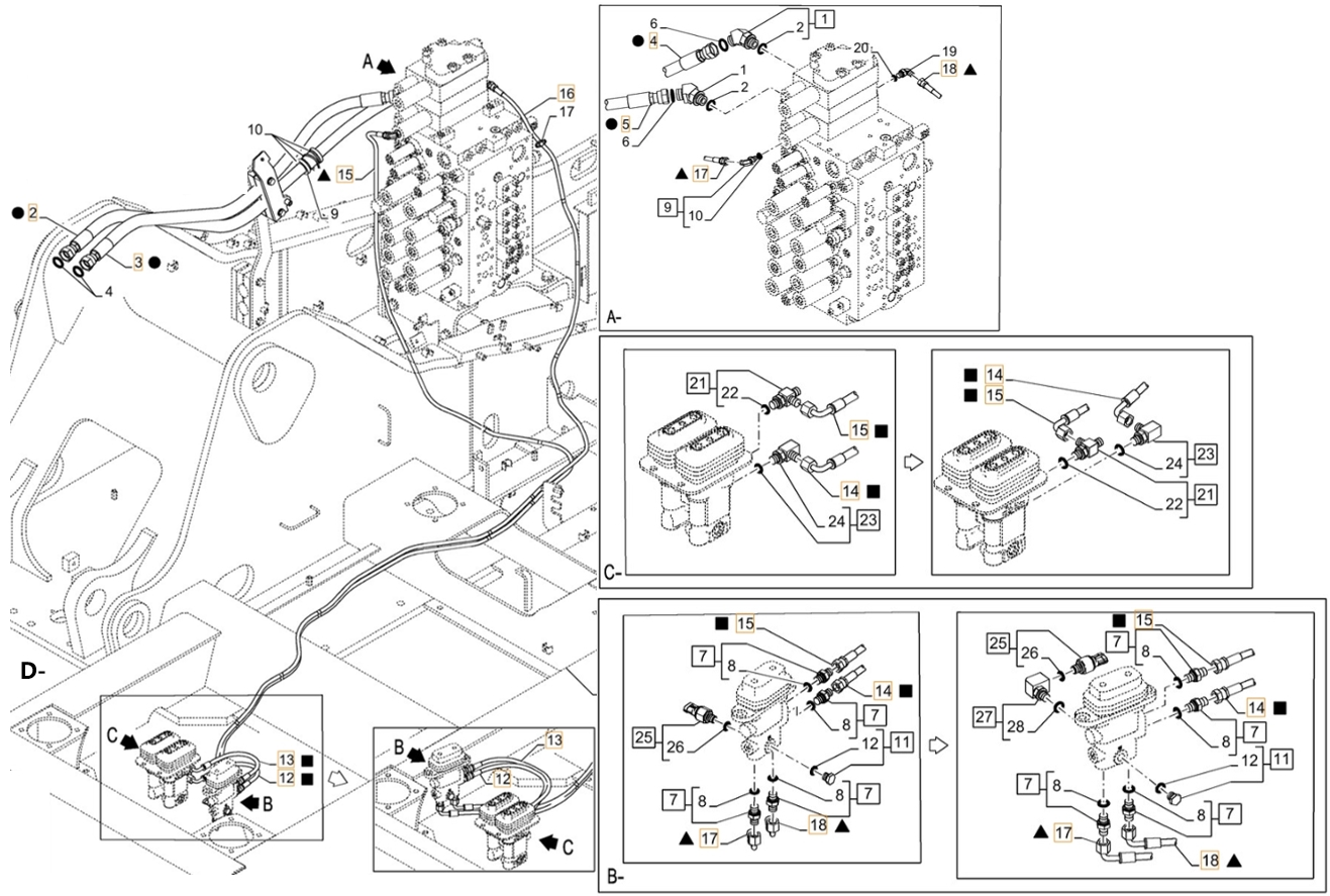 Case CX210D LC 2PB installation diagram showing hydraulic hose KHJ2084 at Pipe No. D12-C14-D14