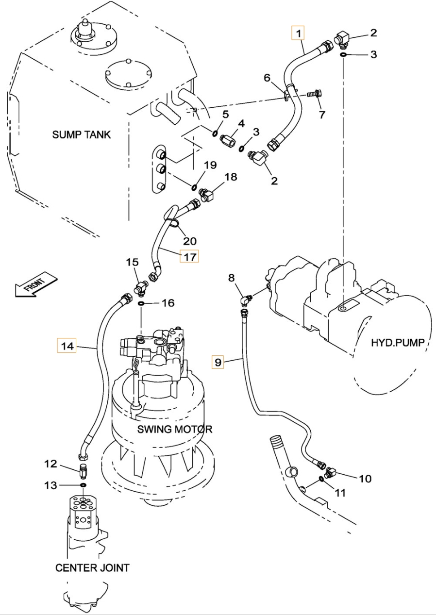 Case CX360B installation diagram showing hydraulic hose KSJ2790 at Pipe No. 14