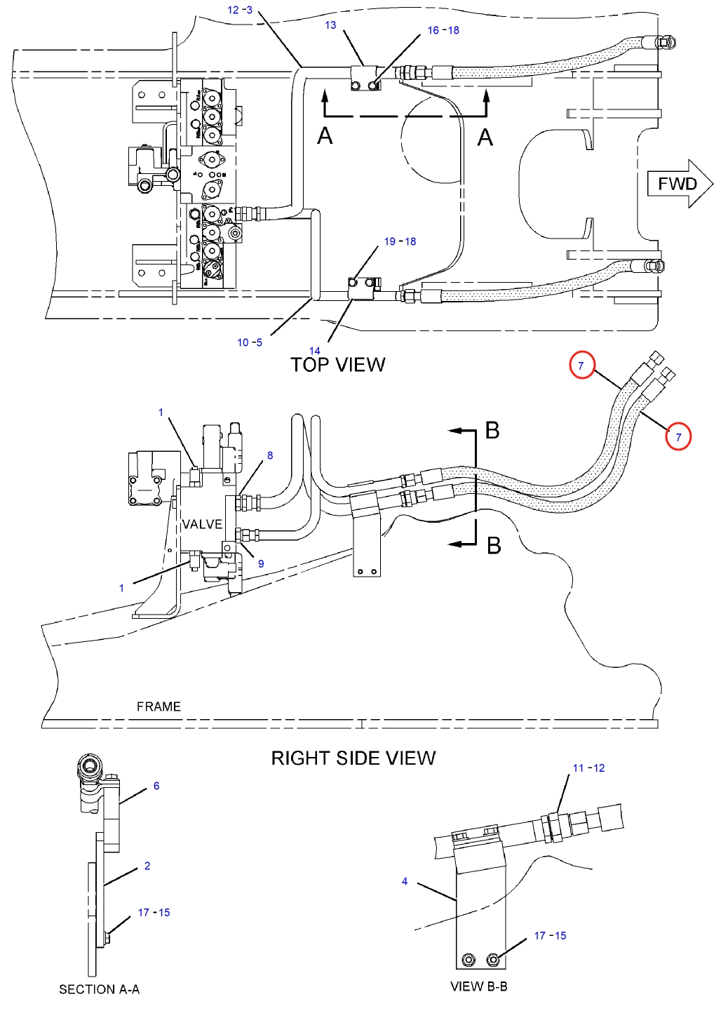 Caterpillar CAT®312B L installation diagram showing hydraulic hose 191-8268 at Pipe No. 7