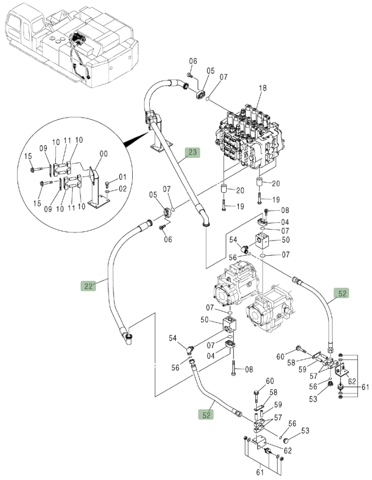 Hitachi ZX800 installation diagram showing hydraulic hose 4286814 at Pipe No. 52