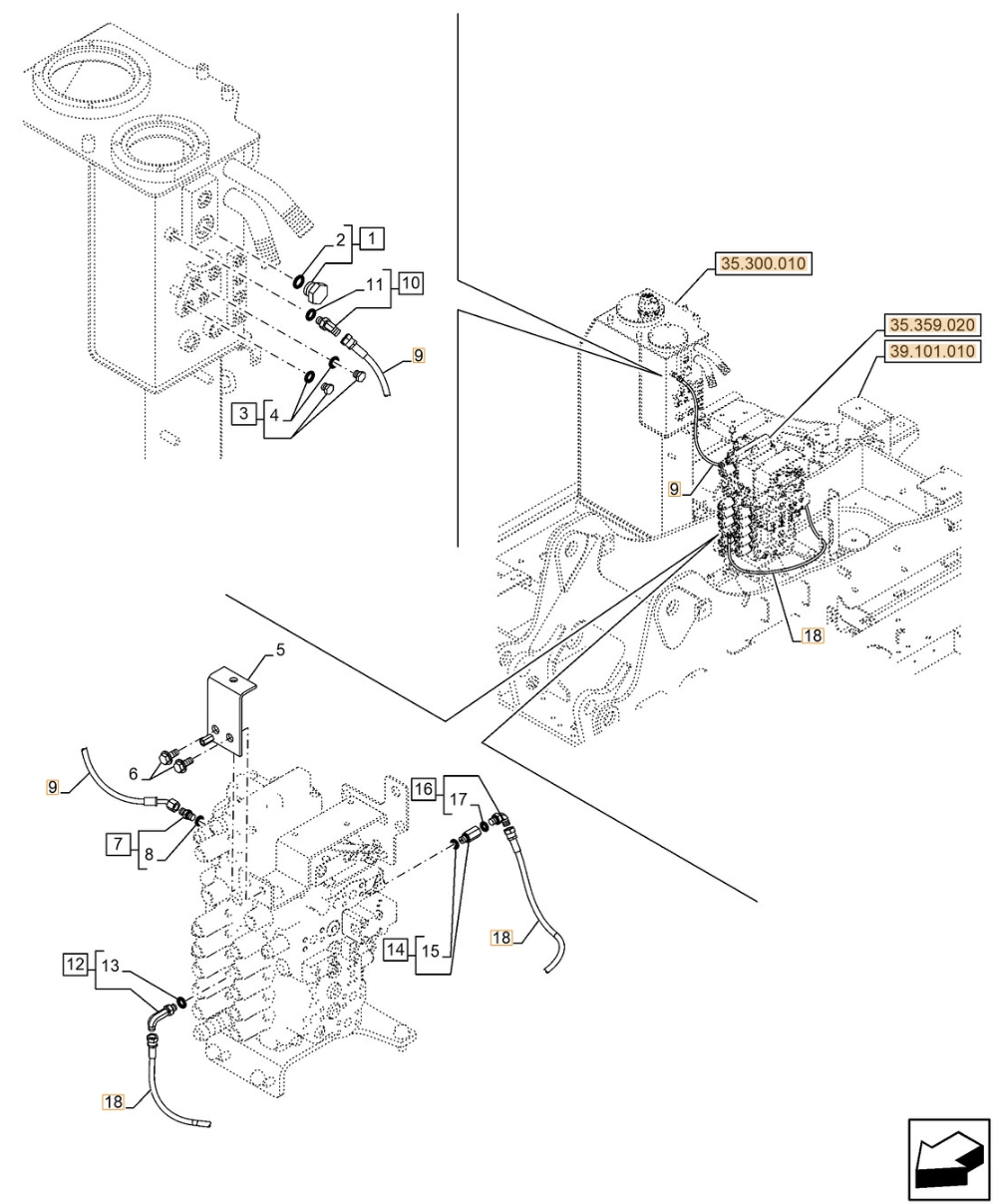 Case CX130E LC installation diagram showing hydraulic hose KHJ15180 at Pipe No. 18