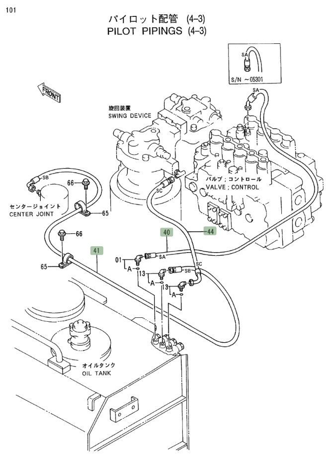 Hitachi EX400LC-3 installation diagram showing hydraulic hose 4342264 at Pipe No. 44