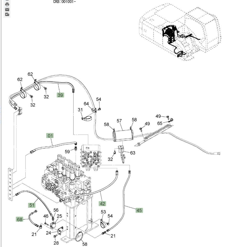 Hitachi ZX220W-3 installation diagram showing hydraulic hose 4437292 at Pipe No. 51