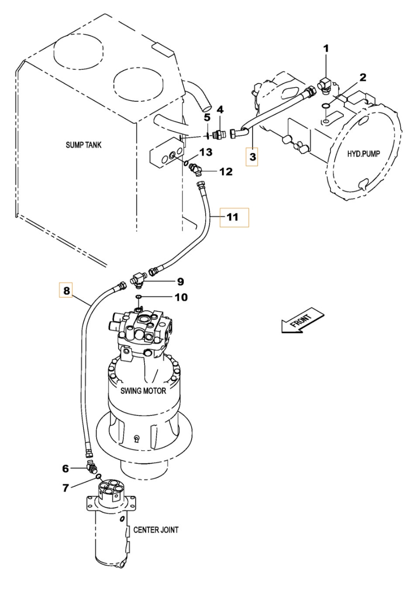 Case CX210C LR installation diagram showing hydraulic hose 163805A1 at Pipe No. 8