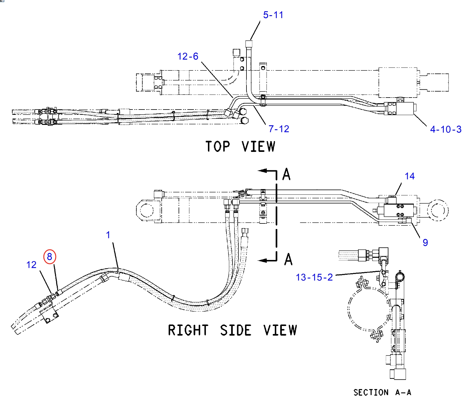 Caterpillar CAT®312B L installation diagram showing hydraulic hose 199-5955 at Pipe No. 8