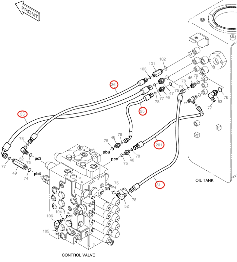 Doosan DX150LC-9C installation diagram showing hydraulic hose DS2121002 at Pipe No. 201