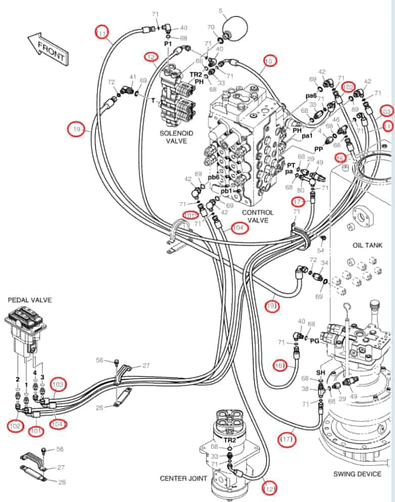 Doosan DX140LCR-3 installation diagram showing hydraulic hose DS2121192 at Pipe No. 103