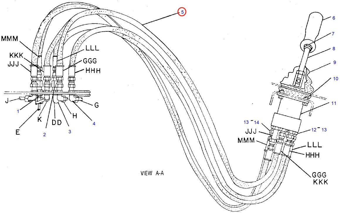 Caterpillar CAT®225D installation diagram showing hydraulic hose 8R-0944 at Pipe No. 5