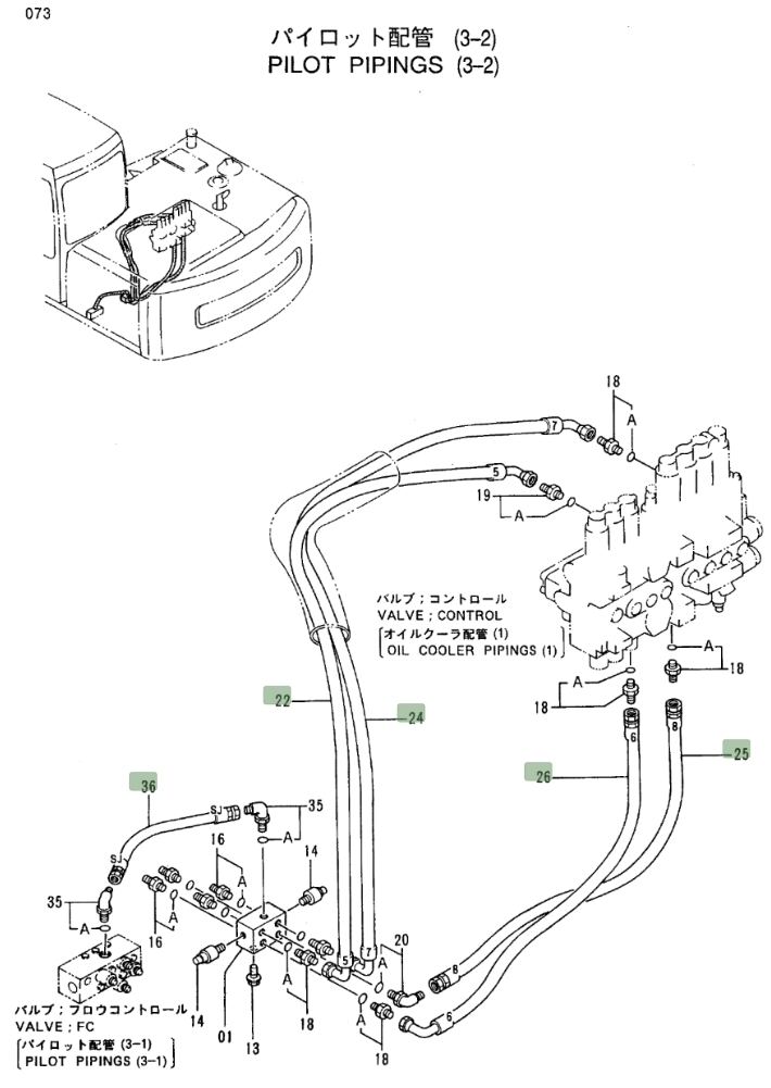 Hitachi EX100-3 installation diagram showing hydraulic hose 4286044 at Pipe No. 26