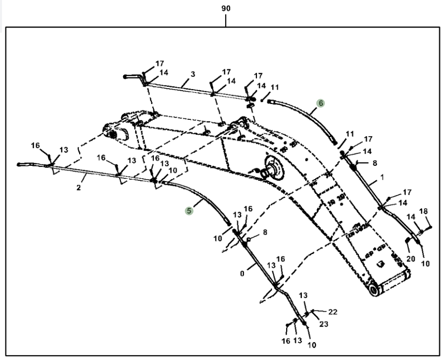 Hitachi ZX160LC-5G installation diagram showing hydraulic hose 4649213 at Pipe No. 6